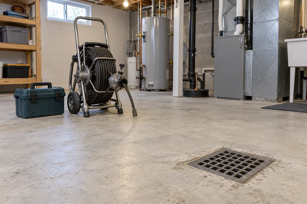 Basement floor-drain grate with an inactive drain cable reel nearby